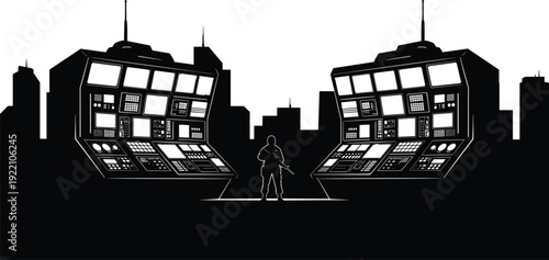 Black vector silhouette of a security guard standing between high tech control consoles with monitors against a city skyline for surveillance and protection branding