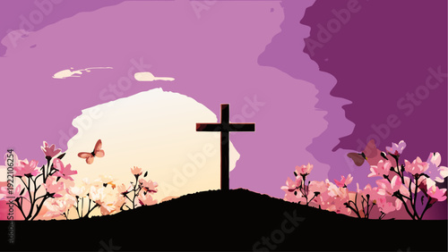 Easter cross on a hill with pink flowers and butterflies at sunrise
