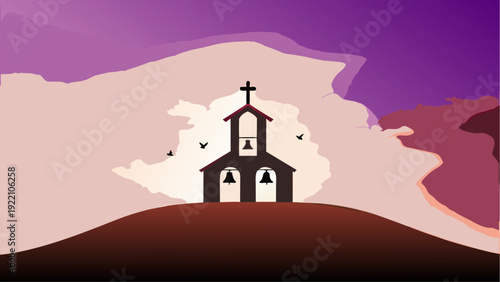 Serene church on hill with purple sunset background