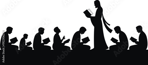 Black vector silhouette of a spiritual teacher reading from a book to a group of students sitting on the ground for religious education branding