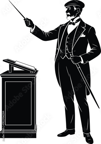 Black vector silhouette of a sophisticated male teacher or professor standing at a podium with a pointer stick and cane for academic education branding