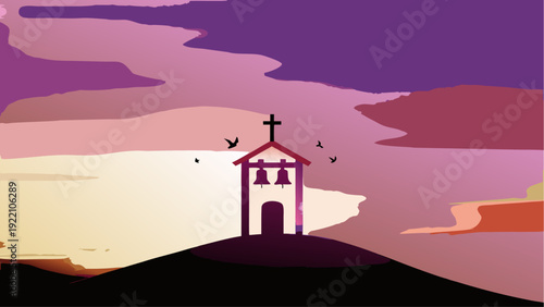 Serene church on hill at sunset with birds flying overhead