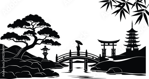 Black vector silhouette of a traditional Japanese garden with a pagoda torii gate bridge bonsai tree and person for travel zen and Asian branding