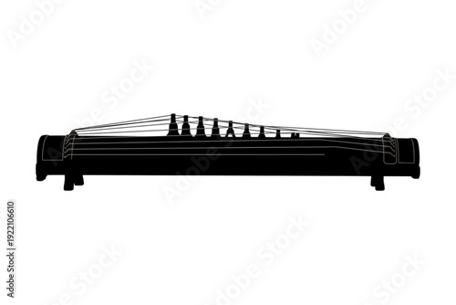 Koto Musical Instrument: A minimalist illustration of a traditional Japanese koto instrument, showcasing its elegant form, strings and bridge details in stark black against a plain backdrop.