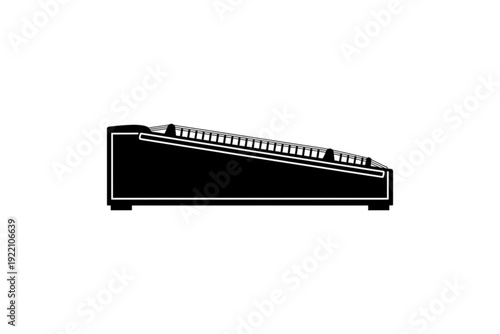 Audio Mixer Control Panel Silhouette: A simple monochrome silhouette of an audio mixer control panel, emphasizing the lines and form of its buttons and faders.