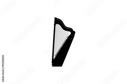 Elegant Harp: A sophisticated depiction of a grand, black harp, its strings gleaming, poised to create a symphony of sound.