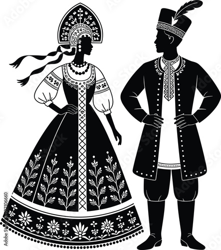 Black vector silhouette of a traditional Slavic couple in ornate folk costumes including a woman in a kokoshnik and a man in a kaftan