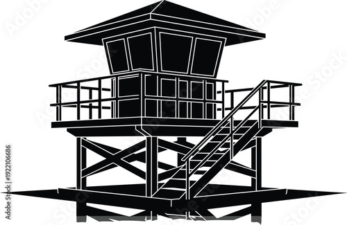 Black vector silhouette of a wooden lifeguard tower on a beach with stairs and a viewing platform for summer safety and coastal branding