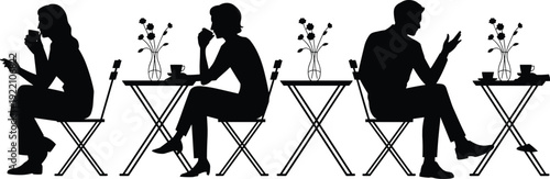 Black vector silhouette of people sitting at outdoor cafe tables drinking coffee and talking near flower vases for restaurant and social lifestyle branding
