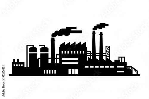 Factory Silhouette: An industrial complex is silhouetted against a plain background, the stark contrast highlighting the structures, chimneys emitting puffs of smoke.
