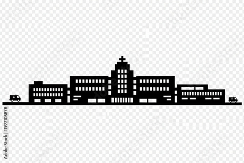 Cityscape Hospital Silhouette: a sleek black silhouette of a modern hospital, perfectly capturing the essence of healthcare infrastructure.