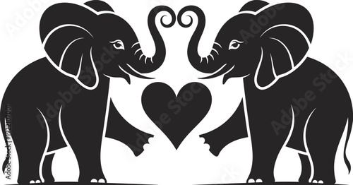 Black vector silhouette of two cute elephants facing each other with trunks raised forming a heart shape for love romance wedding and anniversary branding