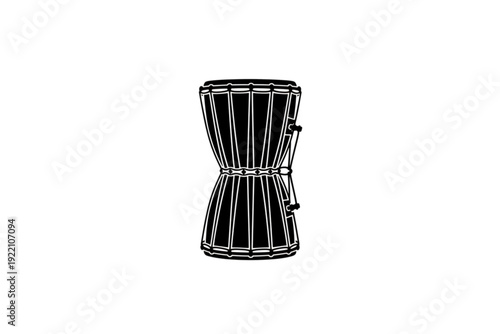 Djembe drum: A black and white representation of a djembe drum, showcasing its unique hourglass-like form and intricate design.