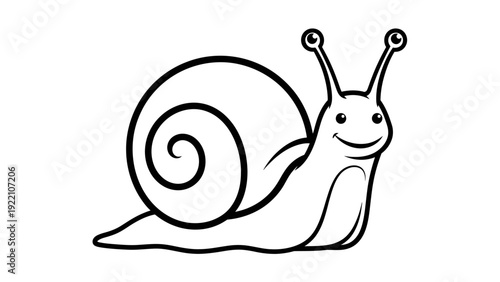 Cute cartoon snail illustration, simple black and white line art, isolated on white background.