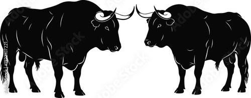 Black vector silhouette of two powerful bulls facing each other for stock market bull run financial strength farming livestock and animal mascot branding