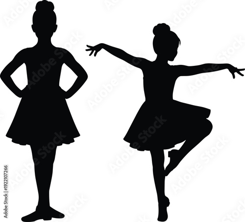Black vector silhouette of two young ballerina girls performing graceful ballet dance poses in tutus for dance school performance art and youthful branding