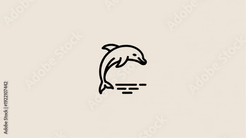 Minimalist line art illustration of a dolphin jumping out of the water creating an arc shape simple design monochrome clean background