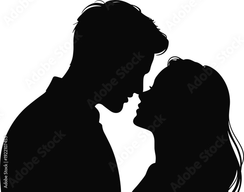 Black vector silhouette profile of a young romantic couple looking into each other eyes for love dating relationships anniversary and valentines day branding