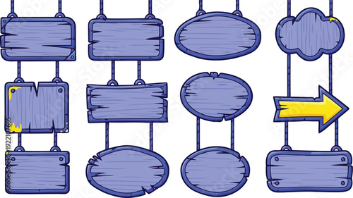 Blue blank lumber panels with yellow accents hanging by string