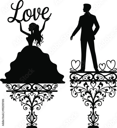 Black vector silhouette set of a bride in a ball gown holding a love sign and a groom for elegant wedding cake toppers branding