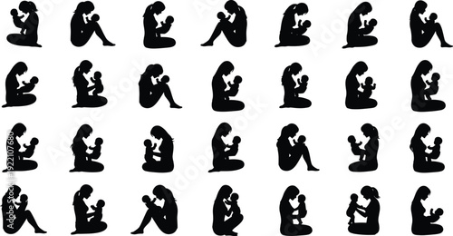Black vector silhouette set of a mother holding her baby in various sitting and cradling poses for motherhood parenting childcare and maternal health branding