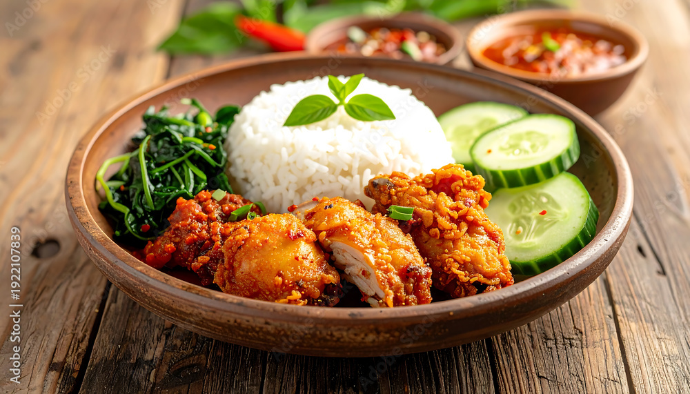 Fototapeta premium Delicious Indonesian Fried Chicken with Rice and Vegetables
