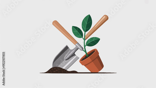 A shovel and rake lean on a potted plant with green leaves symbolizing gardening and growth on a plain background