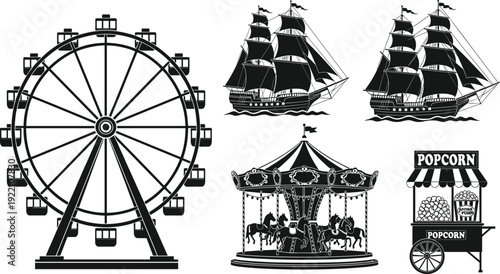 Black vector silhouette set of amusement park attractions including ferris wheel carousel popcorn cart and vintage sailing ships for carnival and fairground branding