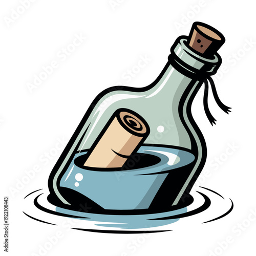 Message in a glass bottle floats on water surface waiting for discovery.