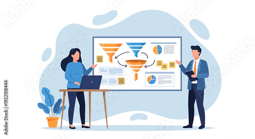 Business professionals presenting sales funnel strategy on a large screen.