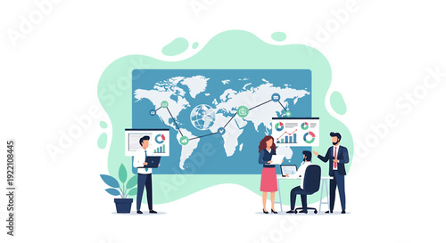 Business Team Analyzing Global Financial Data on World Map.