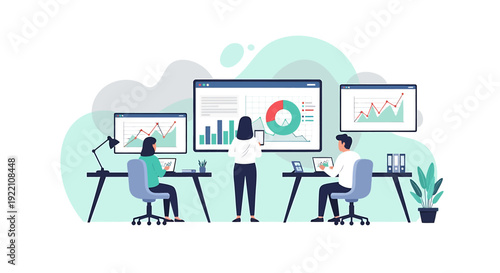 Business team analyzing financial data on screens.