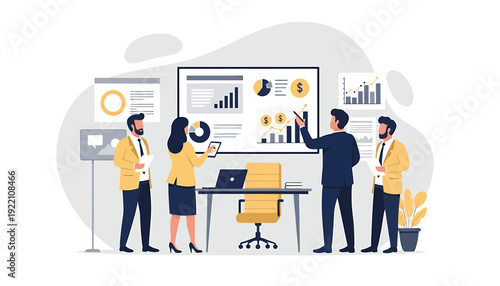 Business team presenting data analytics and charts in a meeting room.