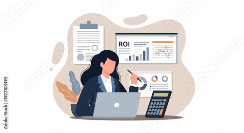 Businesswoman analyzing financial data and charts on laptop screen.