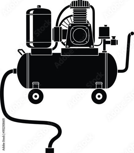 Industrial air compressor vector silhouette illustration of portable electric pneumatic machine with pressure tank and hose for garage workshop power tools and painting