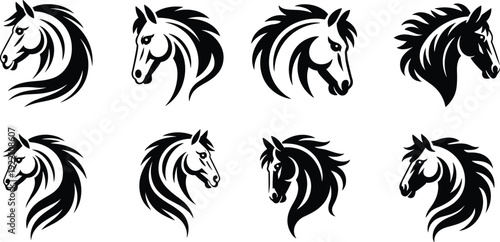 Horse head silhouettes collection with flowing mane designs isolated on white background, elegant equine logo elements for ranch, sport and tattoo concept