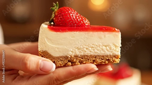 Hand Holding Small Slice of Cheesecake Close-Up