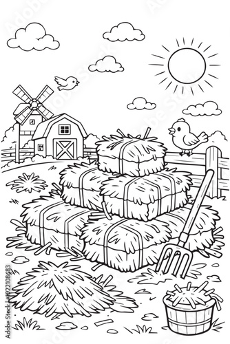 A cute vector illustration of stacked dry hay bales on a farm, drawn in black and white, perfect as a fun and simple coloring page for kids.