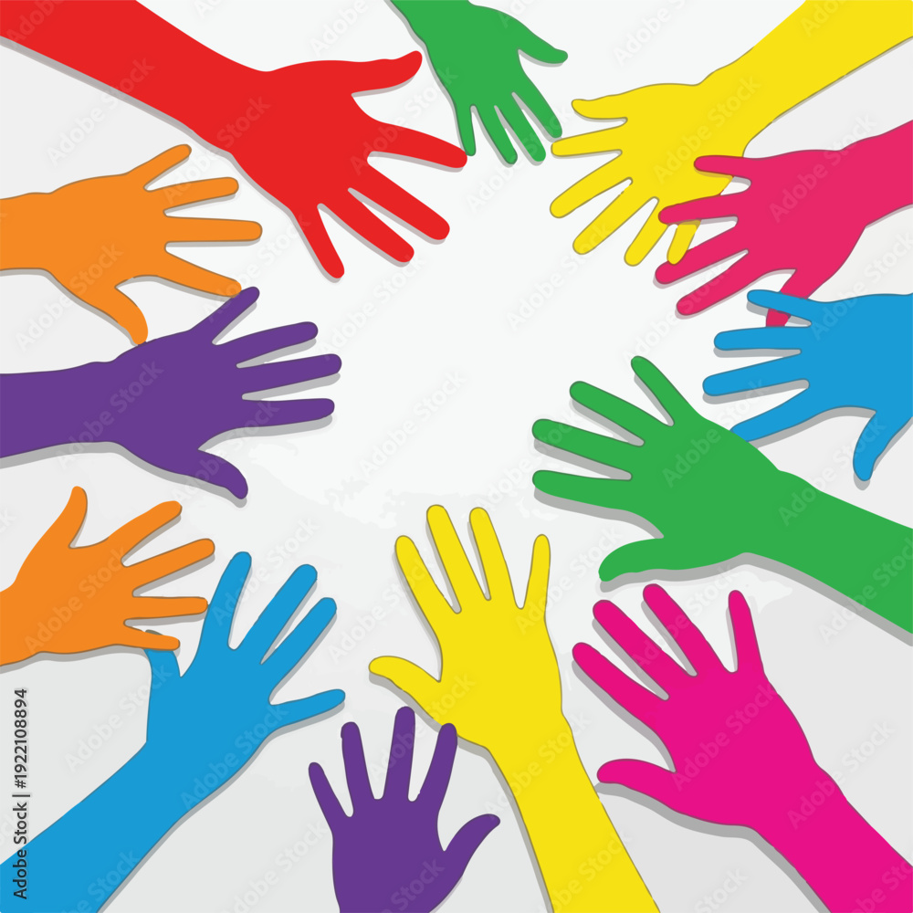 Fototapeta premium Colorful hands form a circle against a light grey background