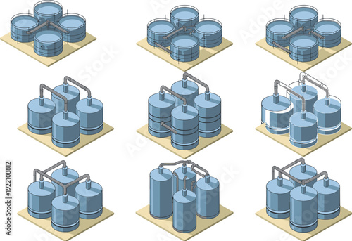 Isometric industrial storage tanks set with connected pipelines, oil and gas refinery containers collection, 3D factory infrastructure illustration isolated on white background