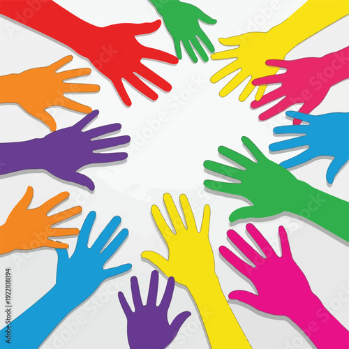 Colorful hands form a circle against a light grey background
