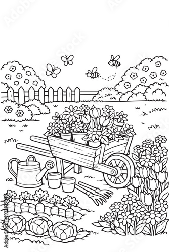 A cute vector illustration of a garden cart filled with fresh harvest, designed in black and white, perfect as a playful and engaging coloring page for kids.
