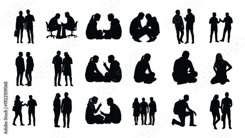 A collection of black silhouettes of people in various poses and activities isolated on white background, Vector