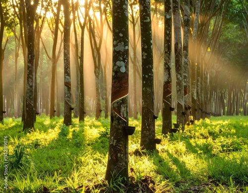 Rubber plantation with tall straight trees and tapping cups collecting latex