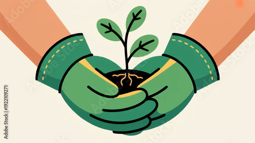 A friendly flat illustration of a pair of green gardening gloves cradling a young plant with two leaves symbolizing growth and nurturing in a serene environment