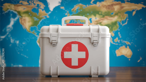 First aid kit on a table with a world map background for global health and emergency response