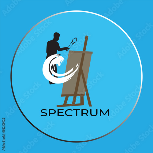 Artist Silhouette Painting on Canvas with Paintbrush and Abstract Wave Element Logo