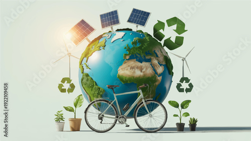 Eco friendly bicycle in front of earth with renewable energy sources and recycling symbols promoting sustainable transport and green living