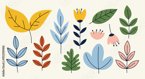 Colorful illustrated botanical elements on a light beige background