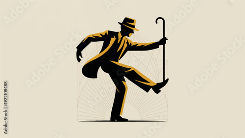 Stylized vector illustration of a man dancing with a cane wearing a suit and hat on beige background